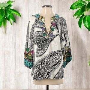 Tibi Top Women Size 0 V Neck 100% Silk Abstract Silk Printed Shirt White Multi